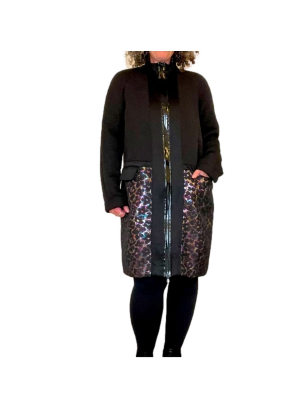 Black Quilted Floral Stitch Midi Coat Zip Up Large Pockets Rachel Roy, Medium